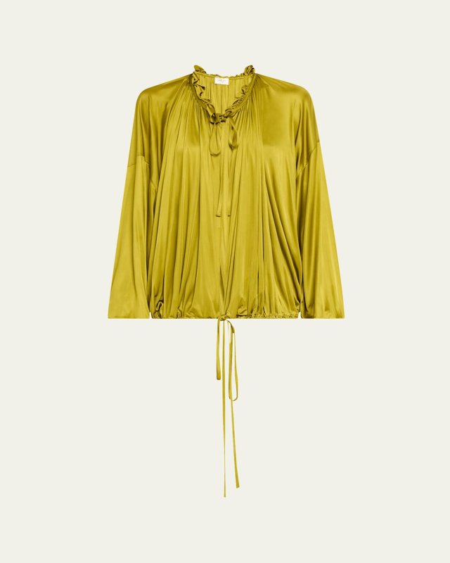 Ruffle Collar Drawstring Satin Blouse